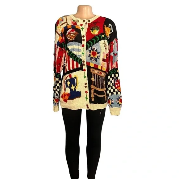 The Eagle’s Eye Colorful Patchwork Vintage 90s Hand Knit Cardigan - Picture 3 of 11